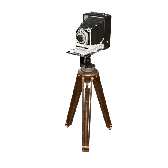 A 3D scan of an antique camera on a tripod