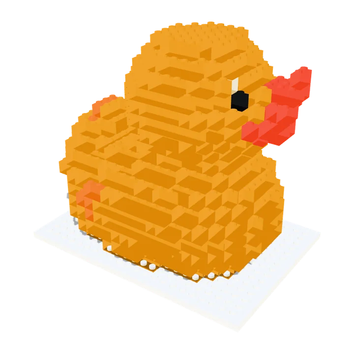 The same duck rebuilt from bricks on a base plate
