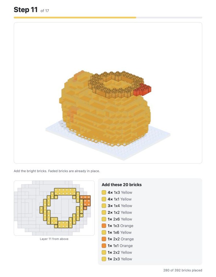 A page from a Brickalike building manual: step 11 of 17 showing the rubber duck model in 3D, a layer plan and a list of bricks to add